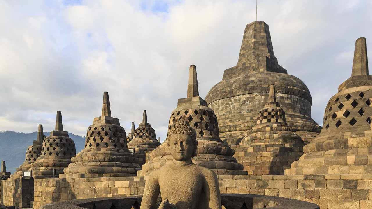 Bell-shaped stupas on the terraces of Borobudur Temple, Central Java, Indonesia