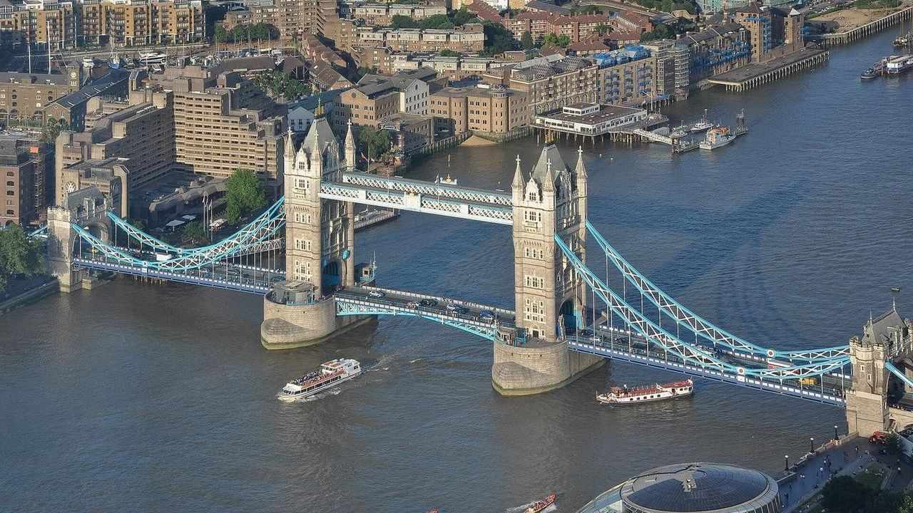 Aerial view of Tower Bridge over the Thames in London